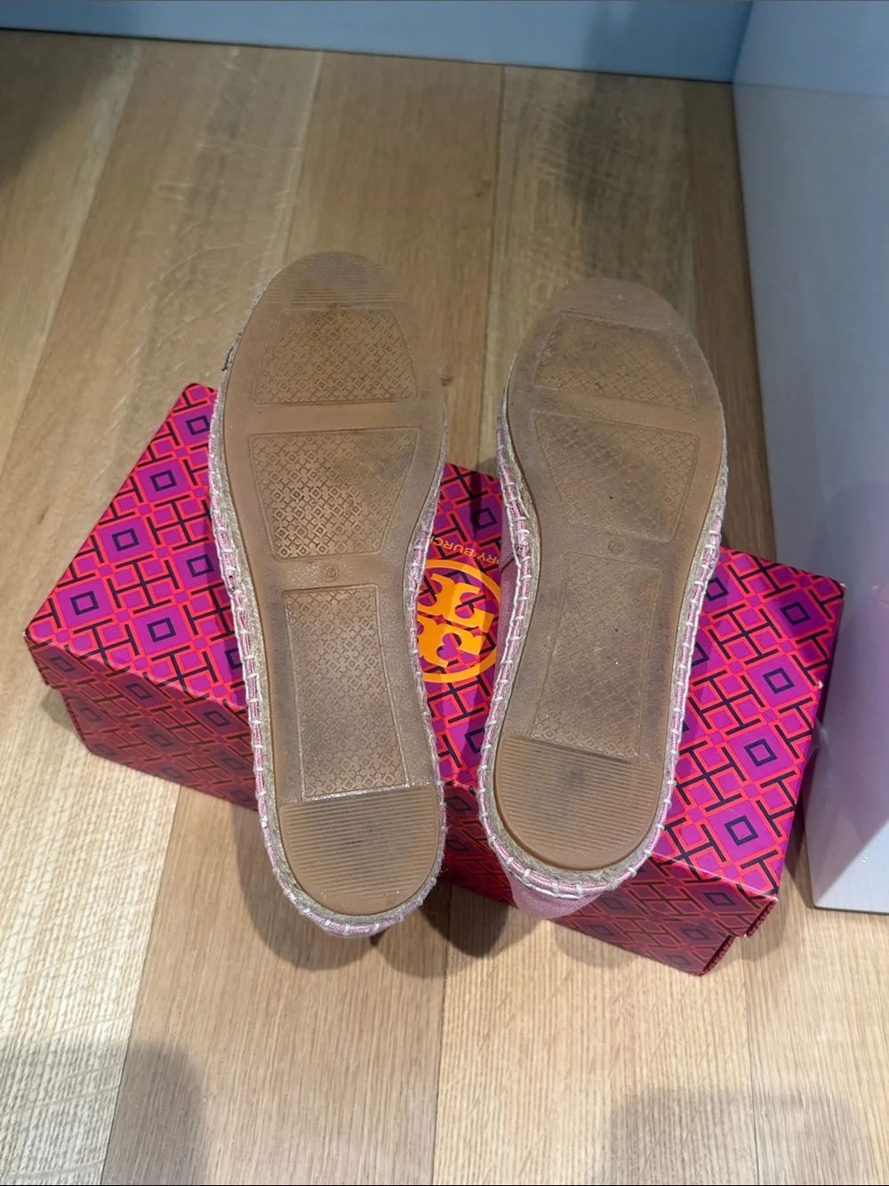 Tory Burch Pink Canvas Espadrilles with Navy Logo Medallion